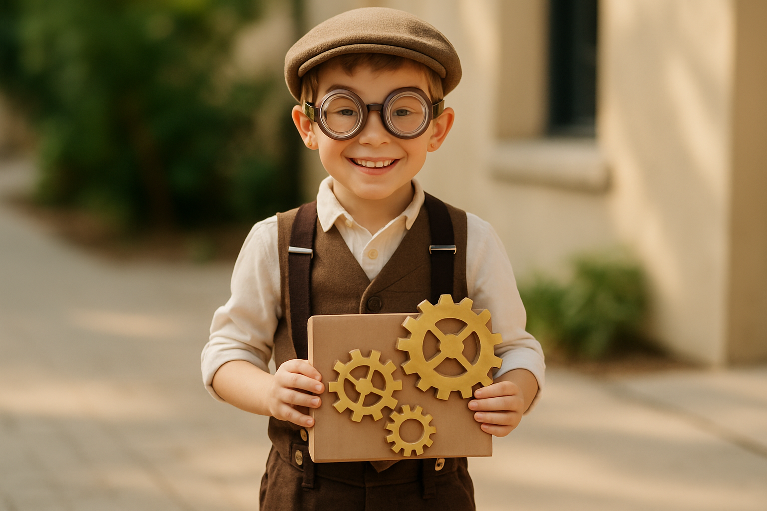 Child in a steampunk tinkerer costume with adjustable suspenders, cap and toy goggles
