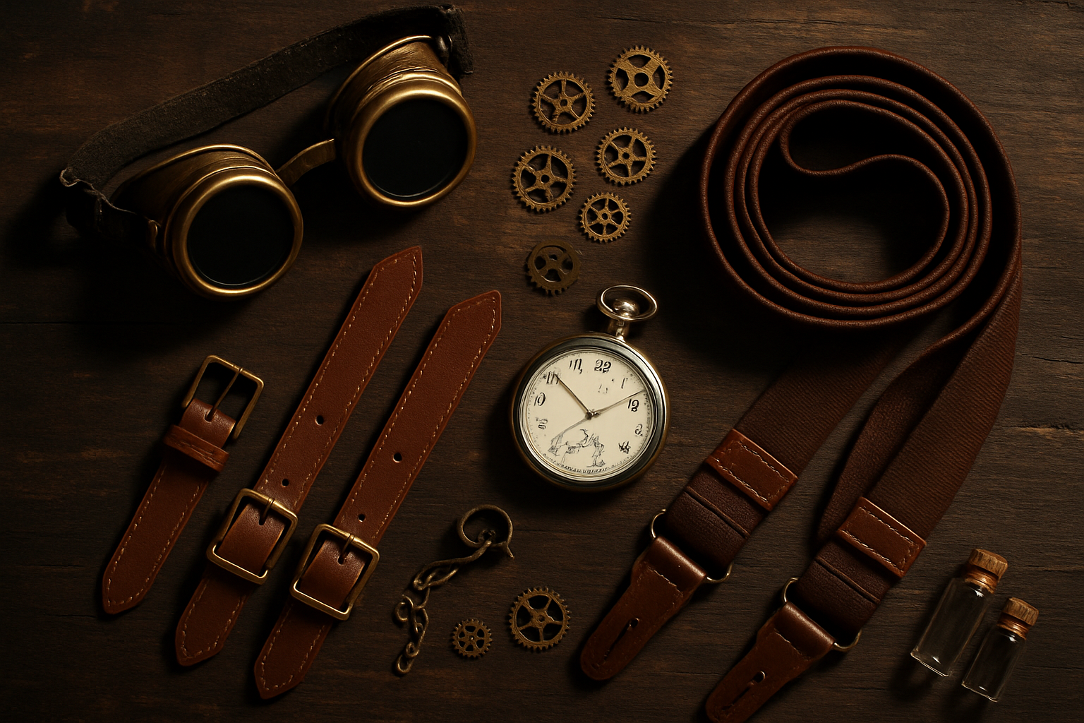 Flat lay of steampunk costume elements including goggles, pocket watch, gears and suspenders