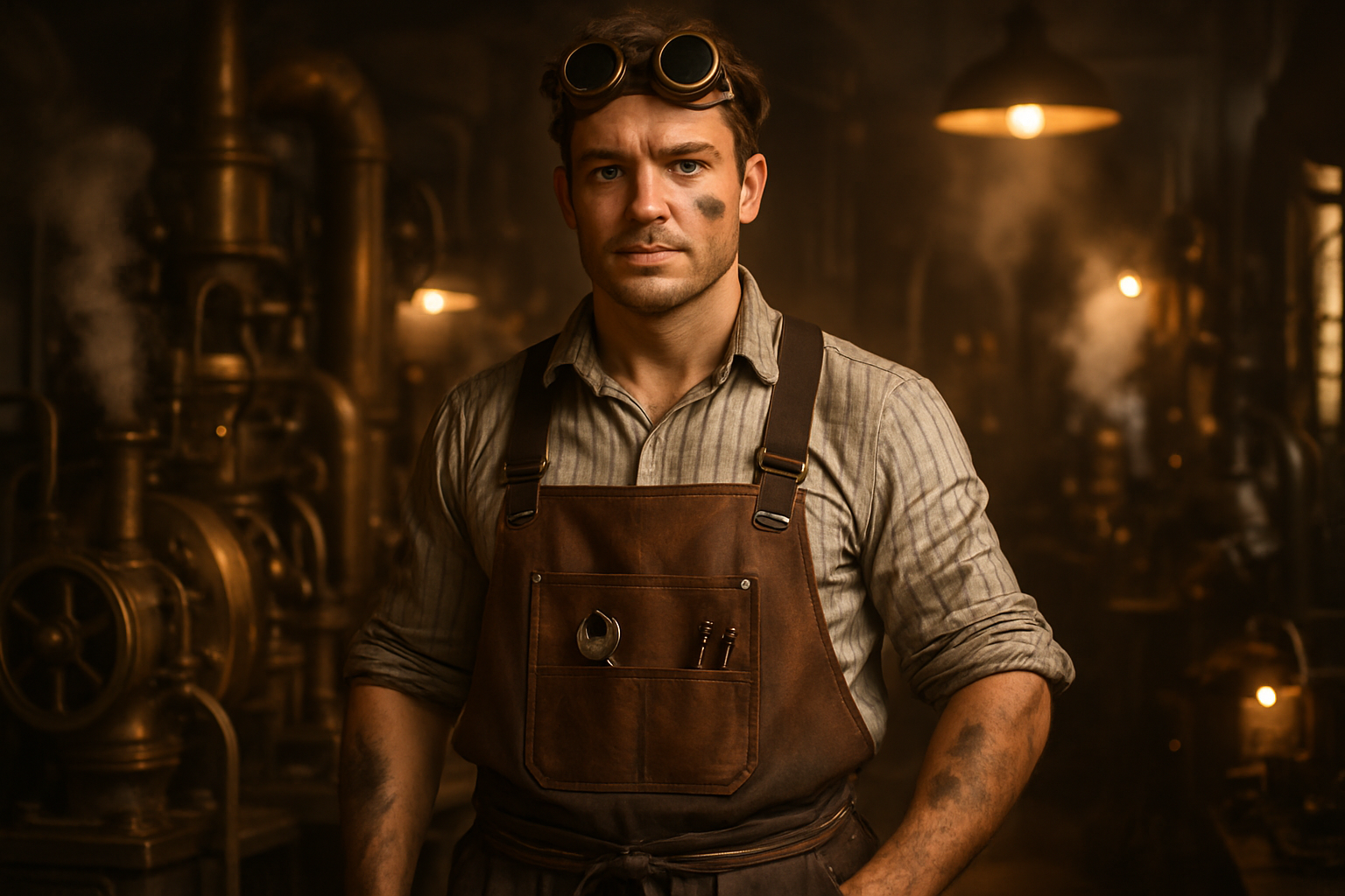 Steampunk mechanic in coveralls with heavy-duty work suspenders and a leather apron