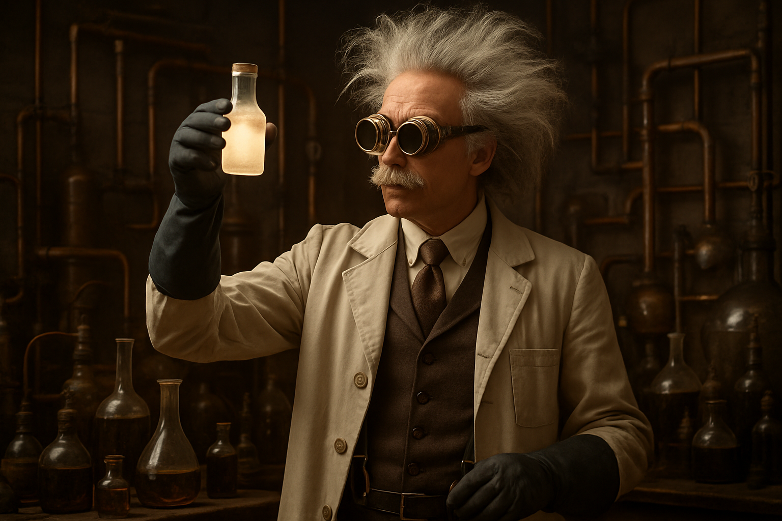 Steampunk mad scientist in a long lab coat with goggles and glowing glass vials