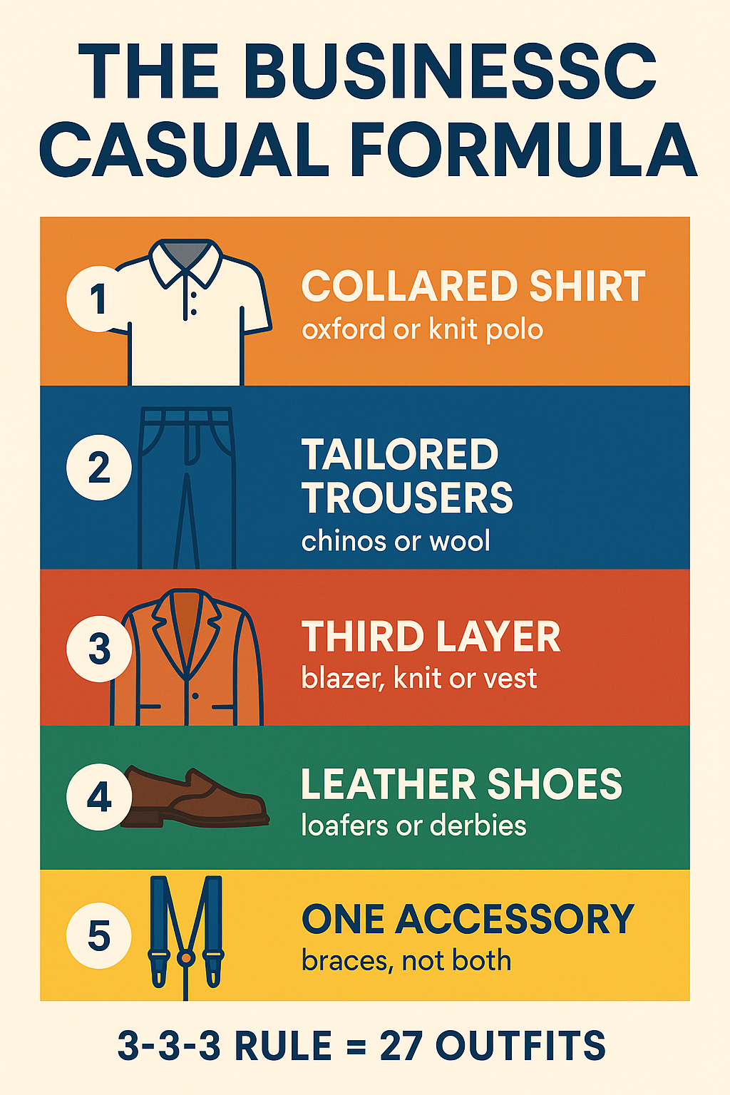 Infographic showing the five-part business casual formula for men