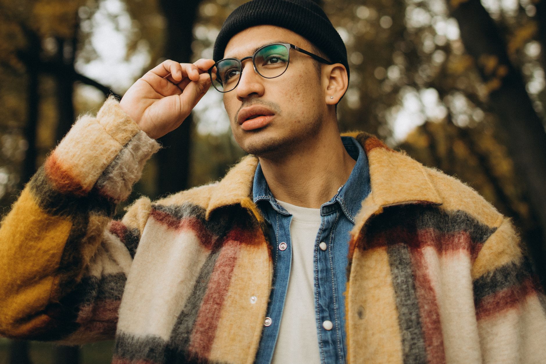 Wool overshirt layered over an oxford shirt with flannel trousers