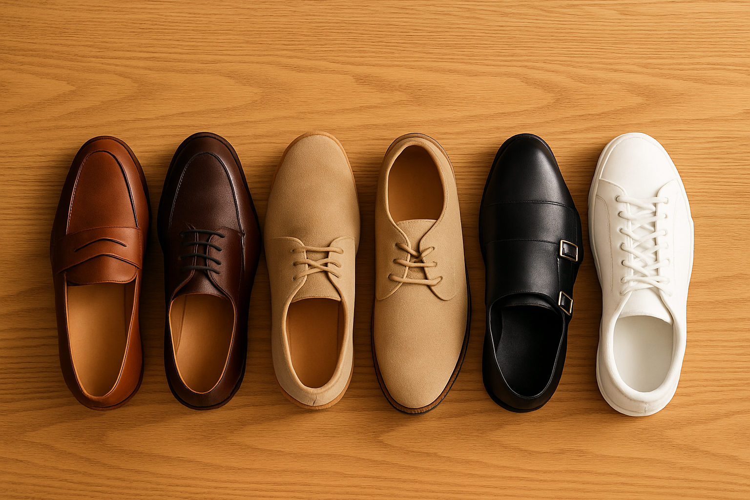 Lineup of business casual shoes for men including loafers, derbies and chukka boots