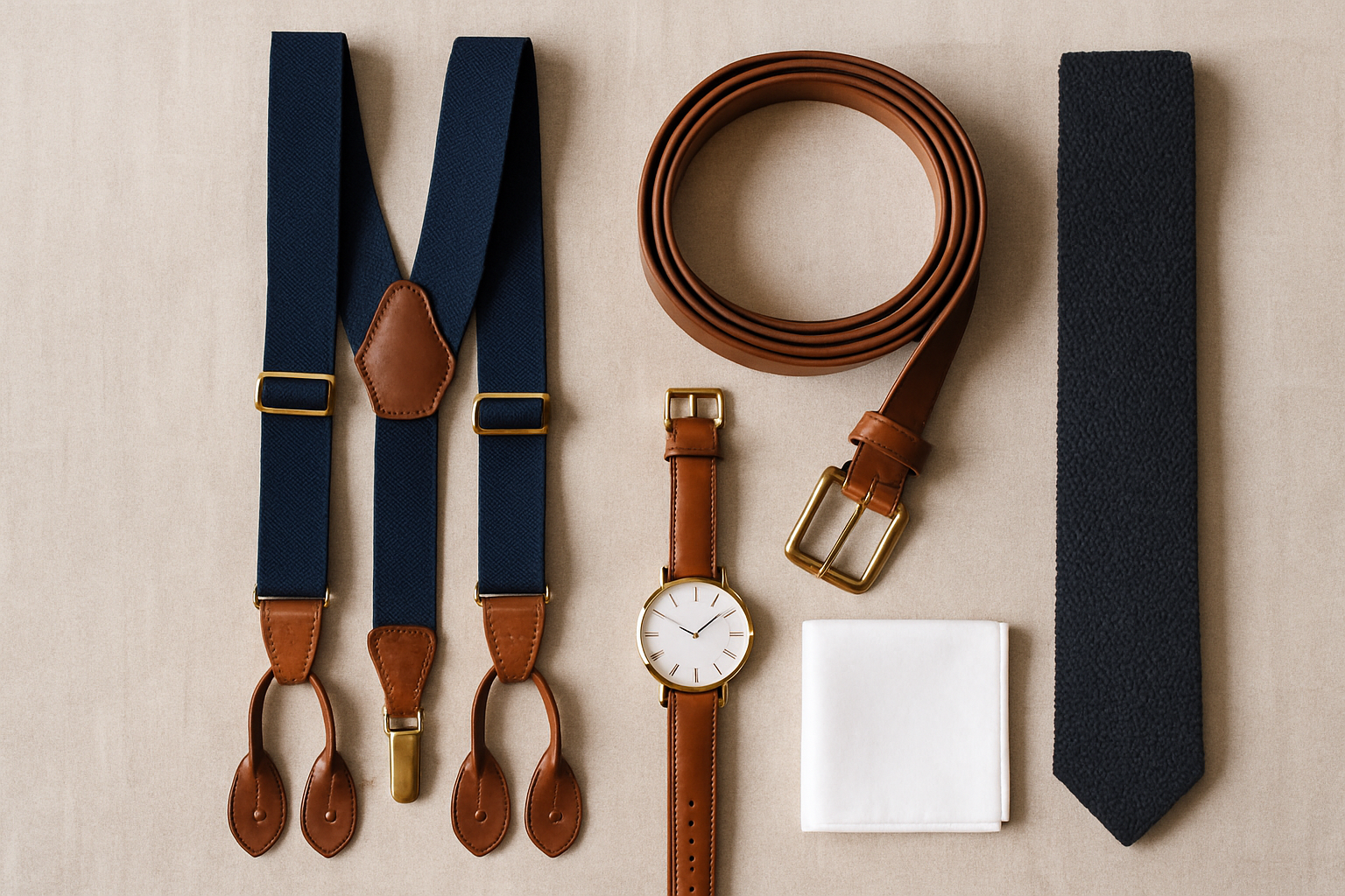 Flat lay of business casual accessories including suspenders, belt, watch and knit tie