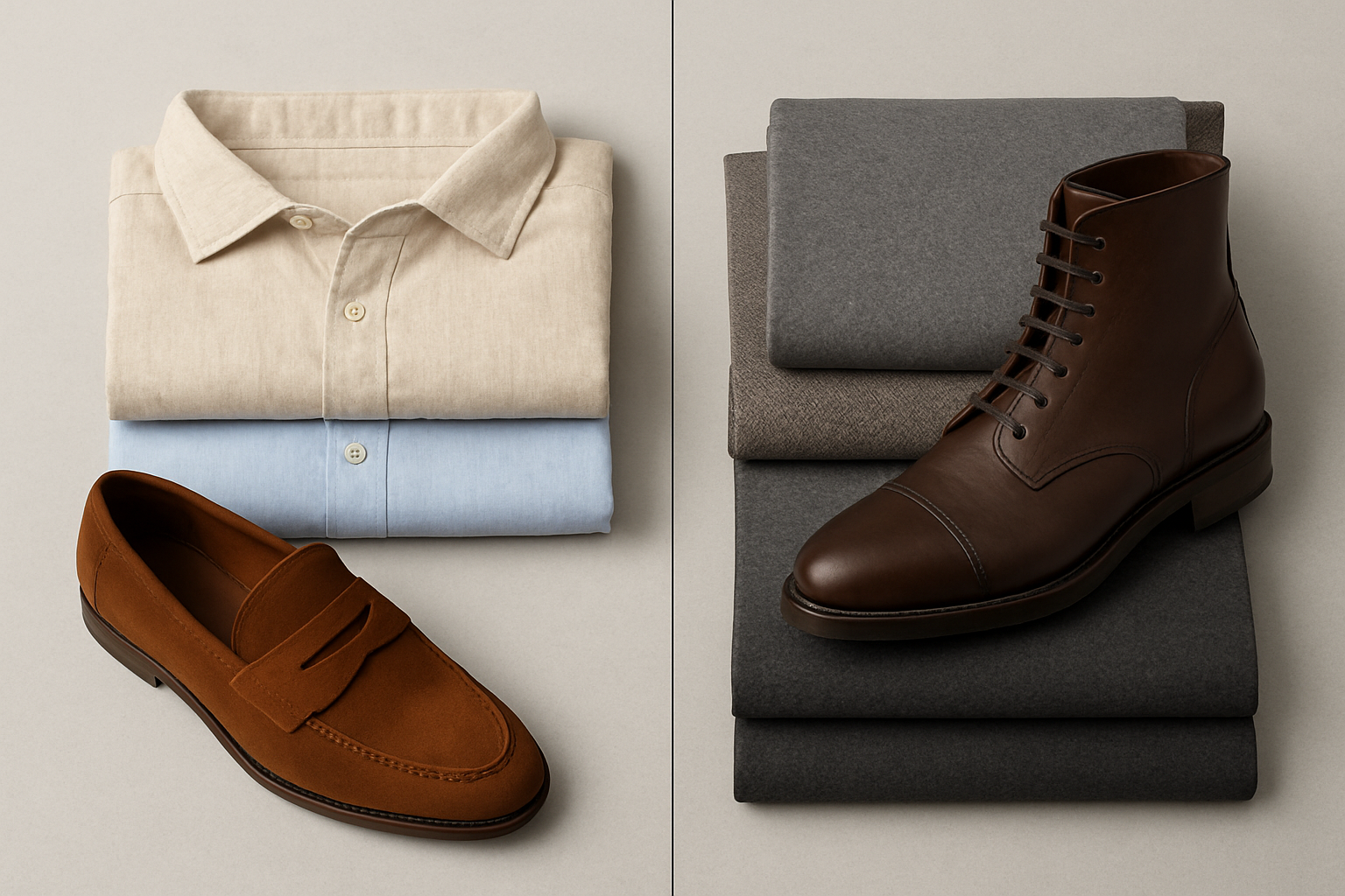 Seasonal fabric comparison of summer linen and cotton against winter flannel and tweed