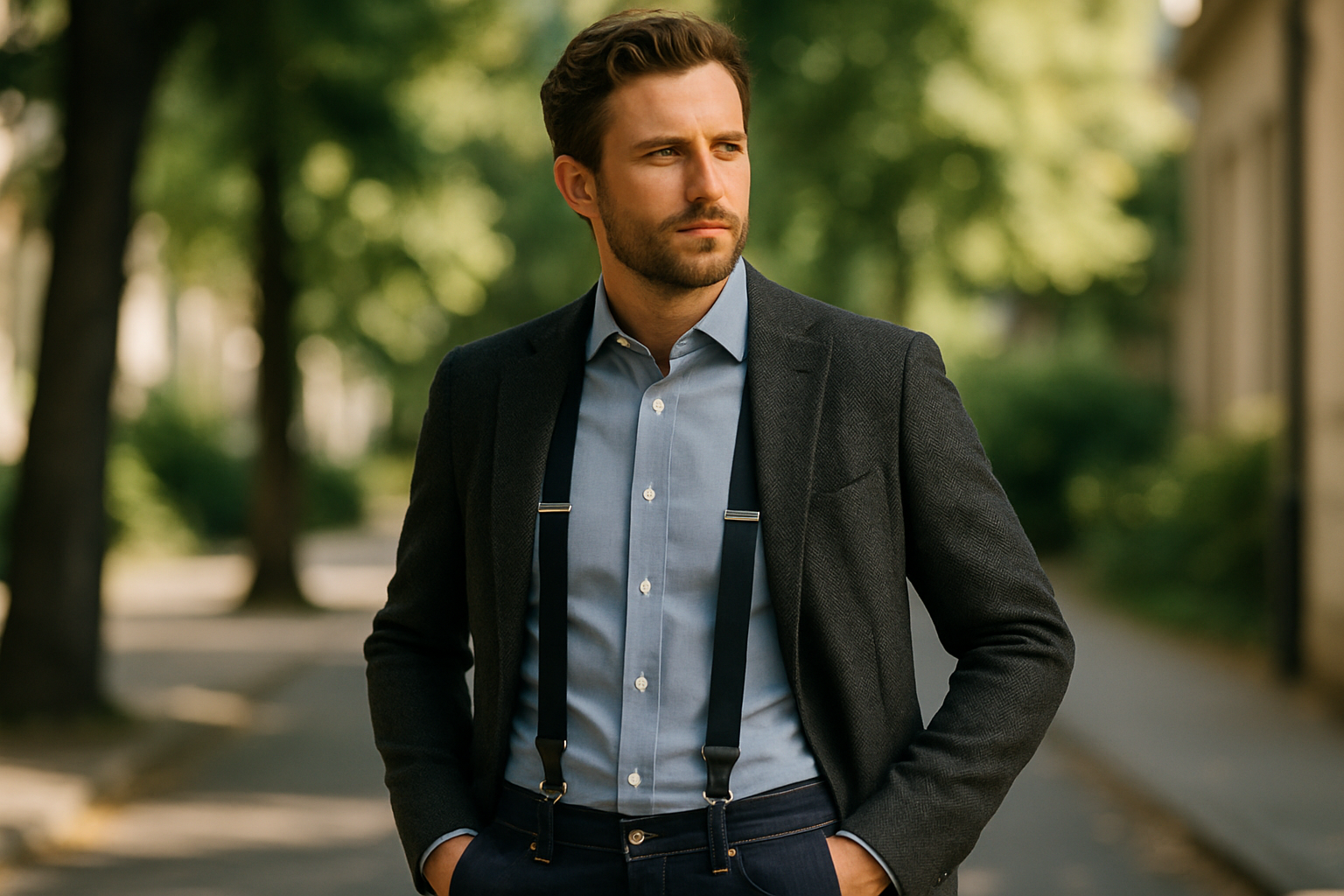 Dark jeans styled with a sport coat, dress shirt and suspenders