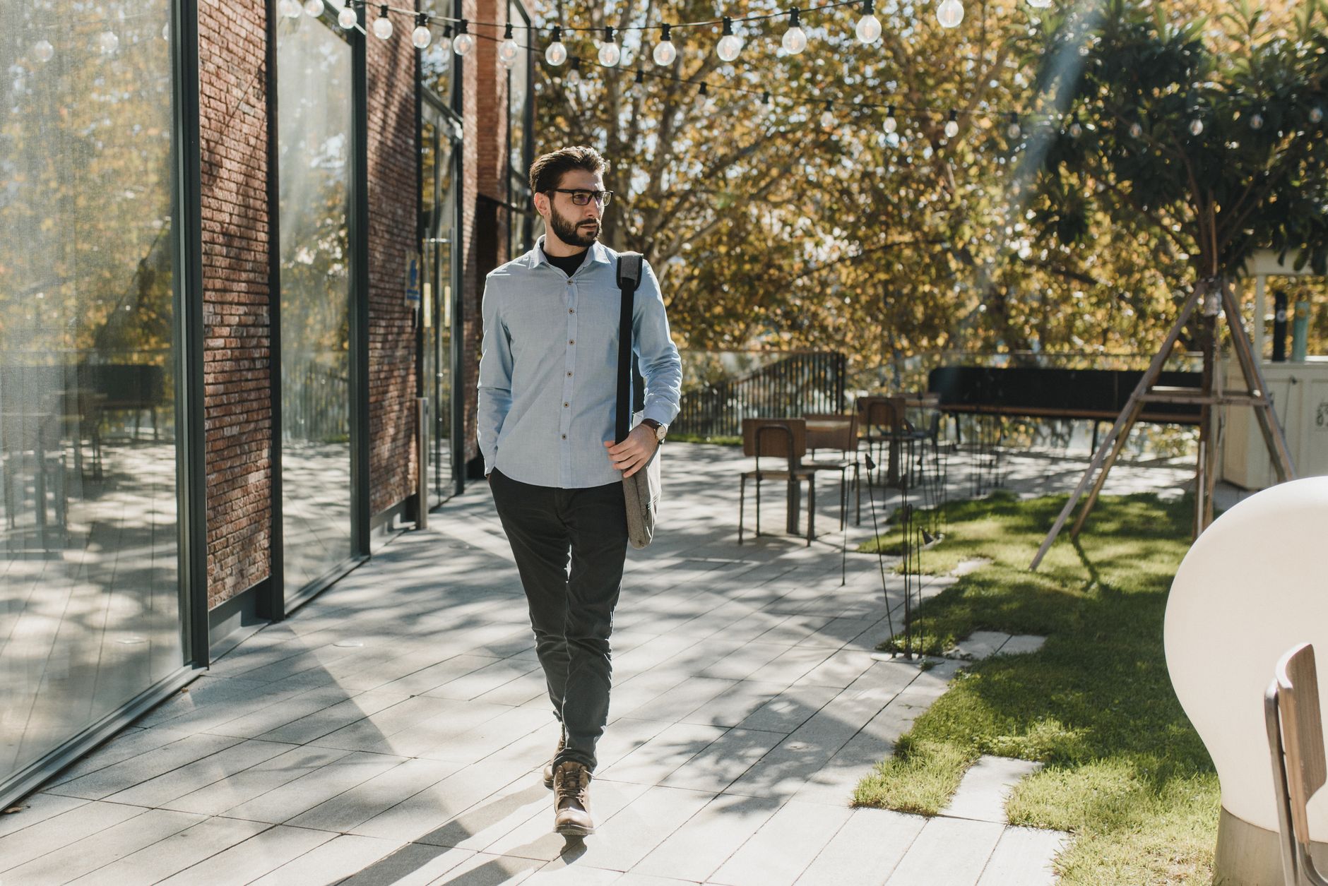 Blue chambray shirt with khaki chinos and suede chukka boots