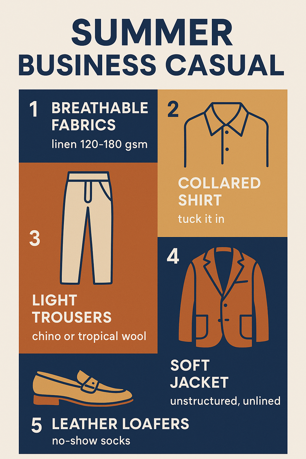 Infographic showing the five parts of a men's summer business casual outfit