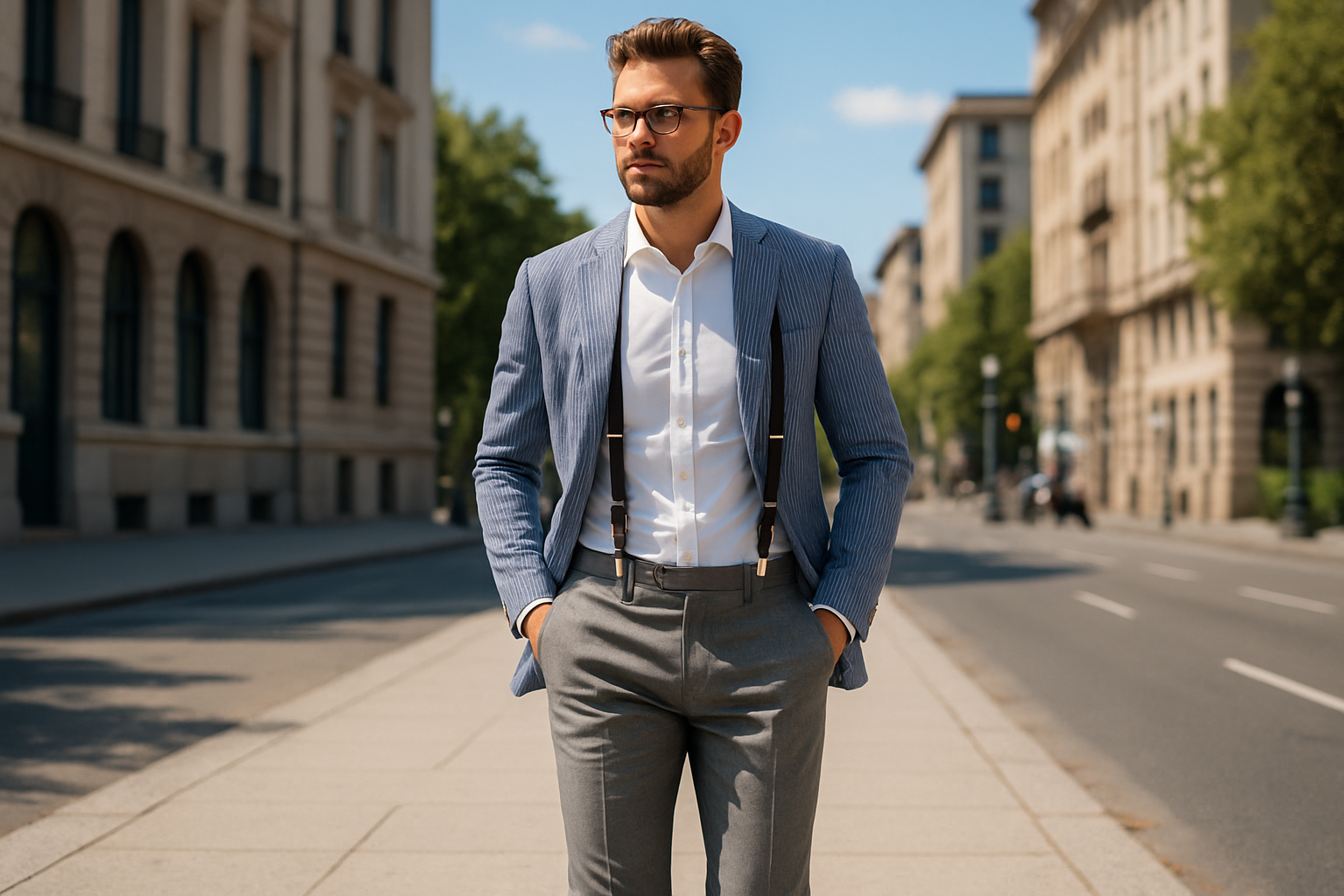 Blue and white seersucker blazer worn with a white shirt and grey trousers