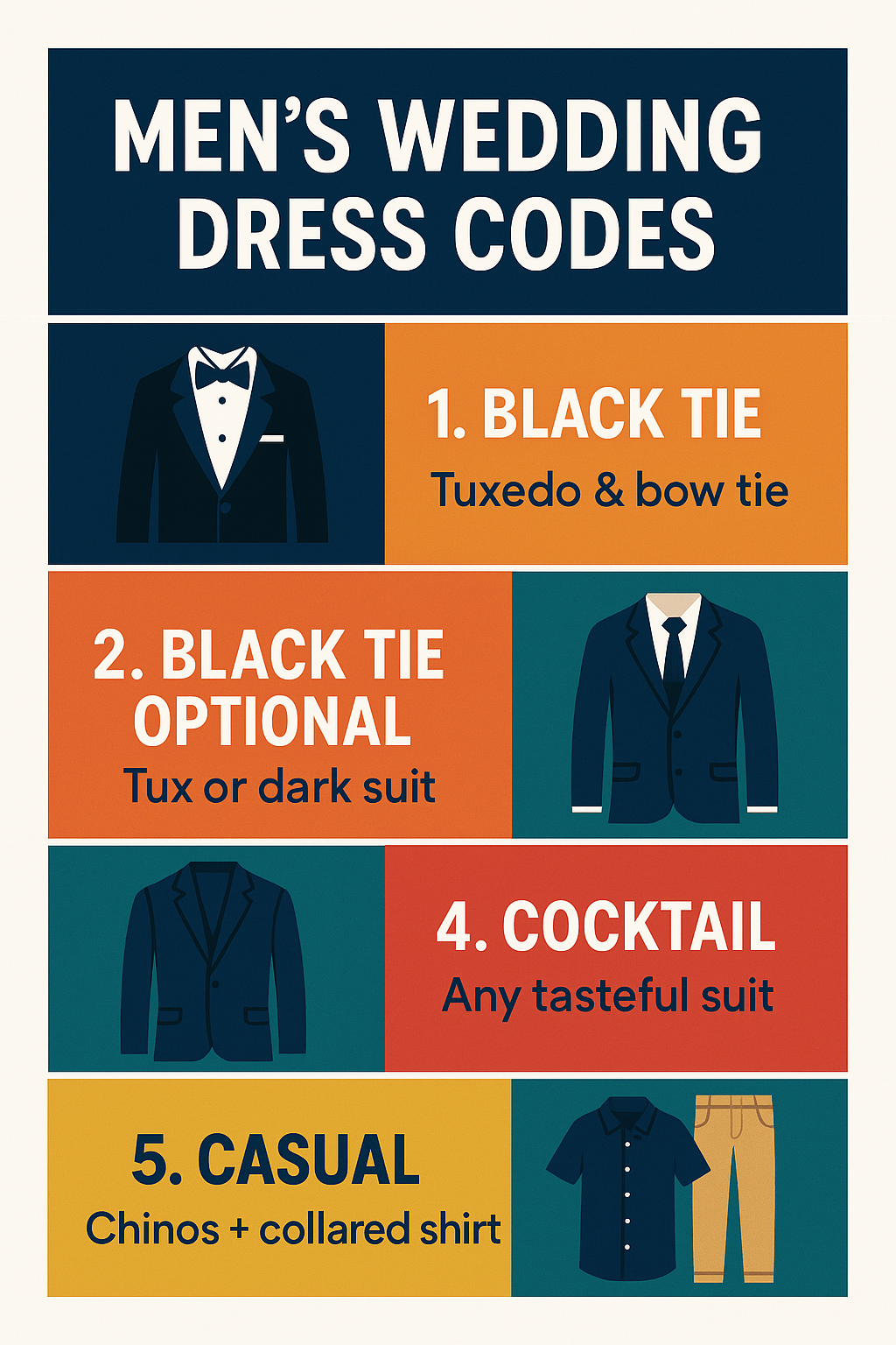 Infographic showing the five men's wedding dress codes and the default outfit for each