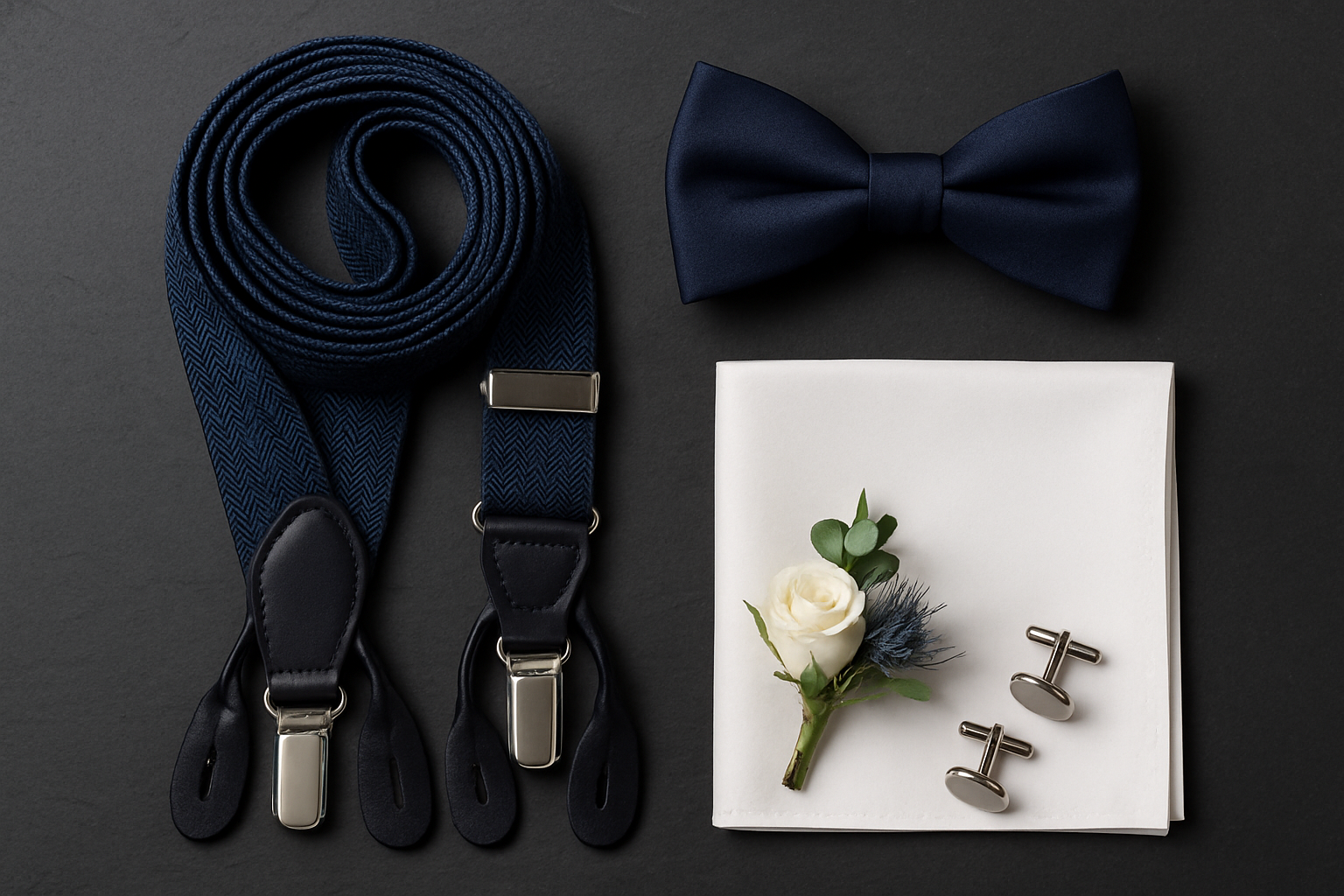 Flat lay of wedding accessories: braces, bow tie, pocket square, and cufflinks