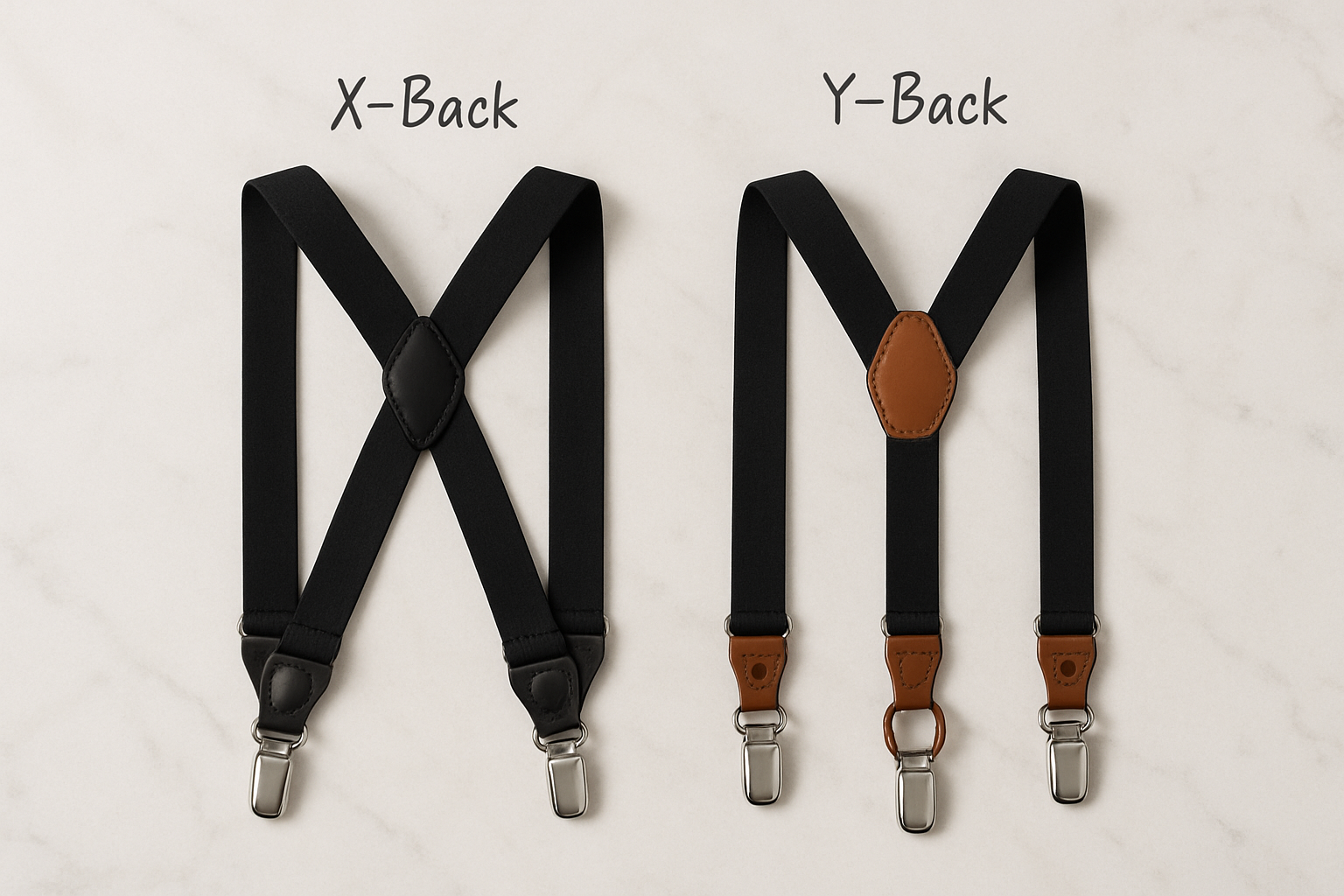 X back and Y back suspender styles laid out to compare width and hardware
