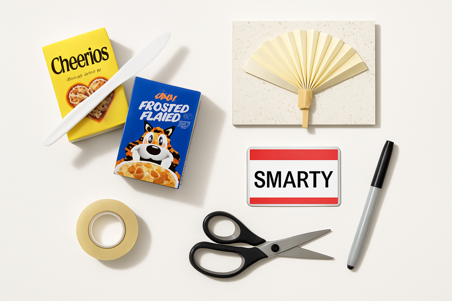Flat lay of pun costume props including cereal boxes, plastic knife and name tags