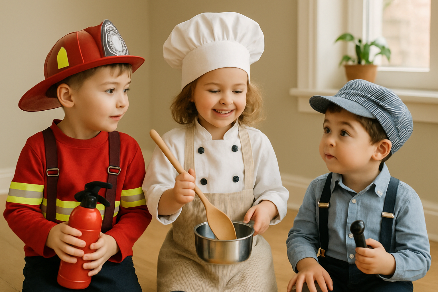Kids in firefighter, chef and train conductor costumes with props