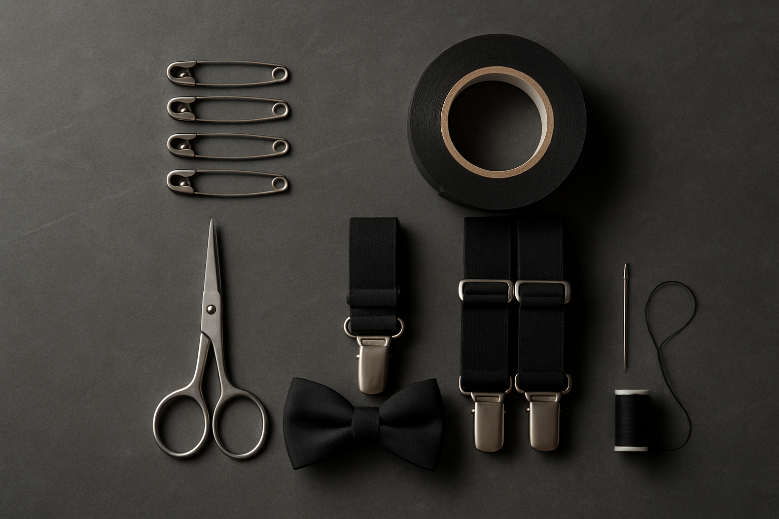 Costume repair kit flat lay with safety pins, tape, clip-on braces and a bow tie