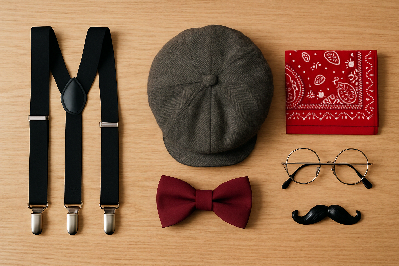Flat lay of costume accessories including braces, bow tie, cap, glasses and bandana