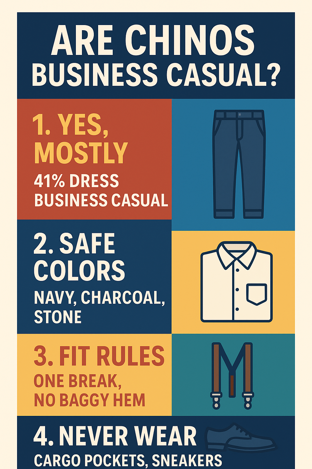 Infographic showing whether chinos are business casual with color, fit and pairing rules