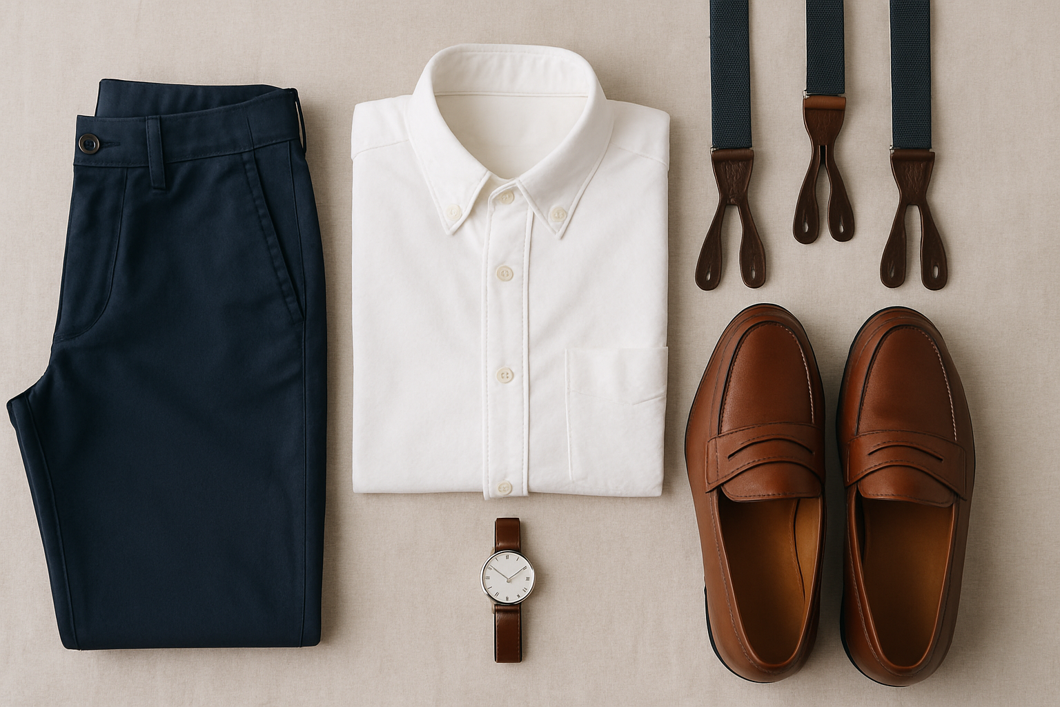 Flat lay of chinos, oxford shirt, loafers and slim suspenders