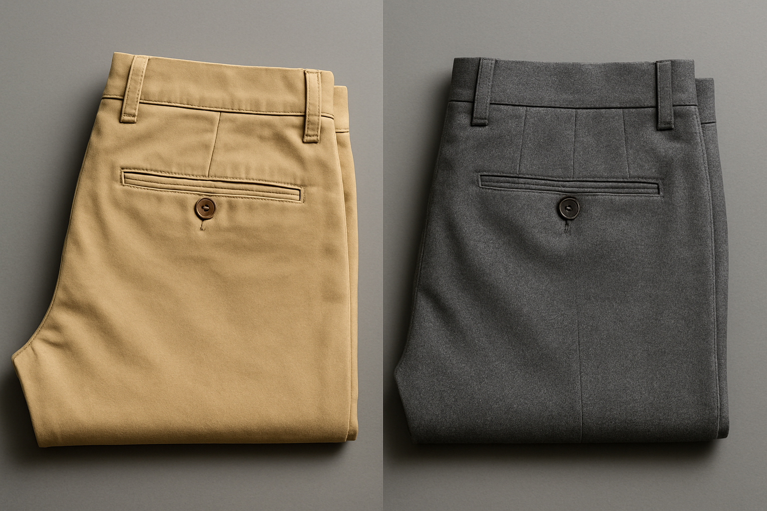 Cotton twill chinos next to grey wool dress trousers
