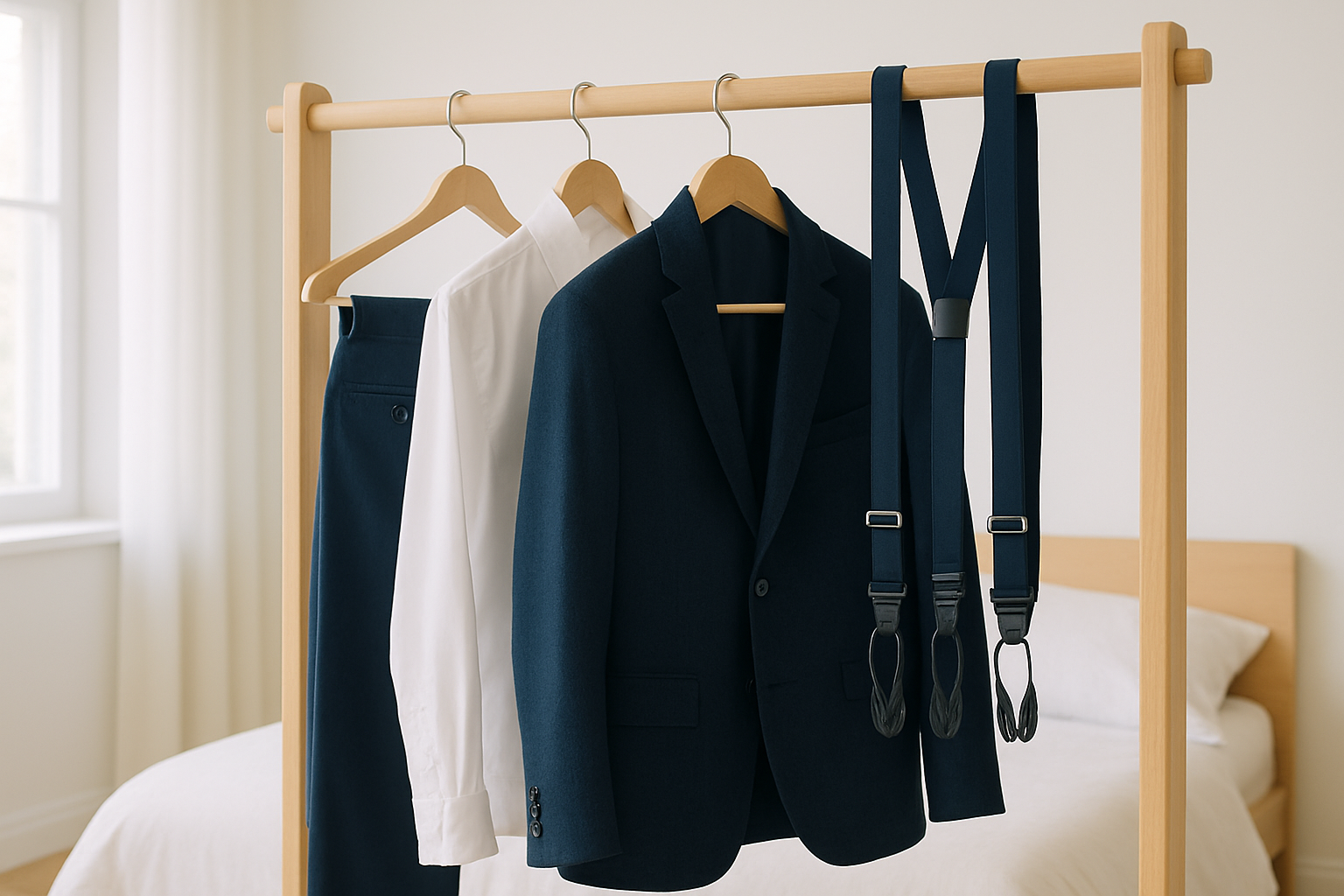 Navy chinos styled with a blazer, shirt and suspenders on a hanging rail