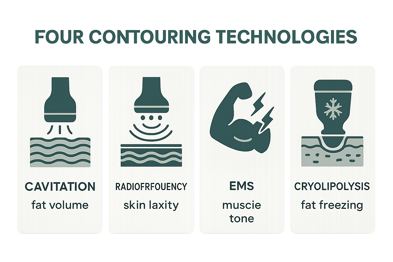 Comparison graphic of cavitation, radiofrequency, EMS and cryolipolysis body contouring