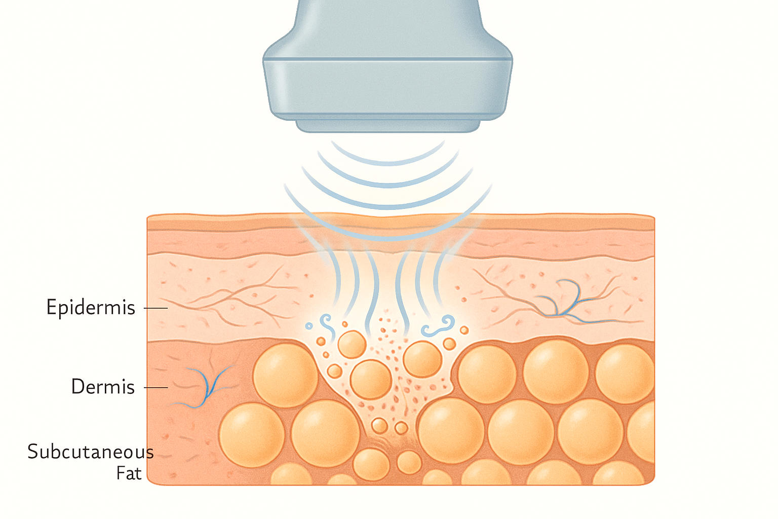 Cross-section diagram of ultrasound waves collapsing bubbles against fat cells under the skin