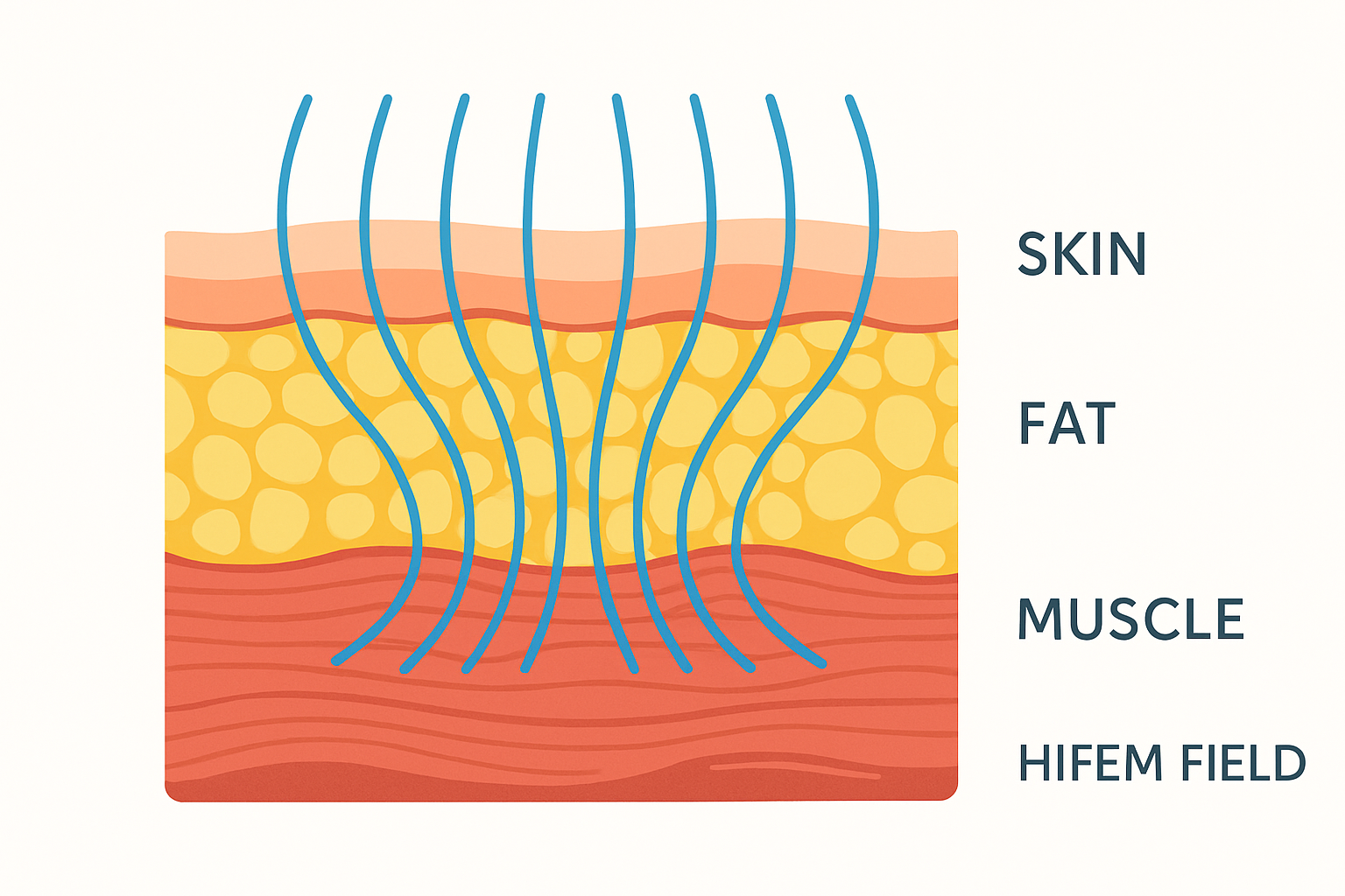 Cross-section diagram of HIFEM energy reaching muscle tissue beneath fat
