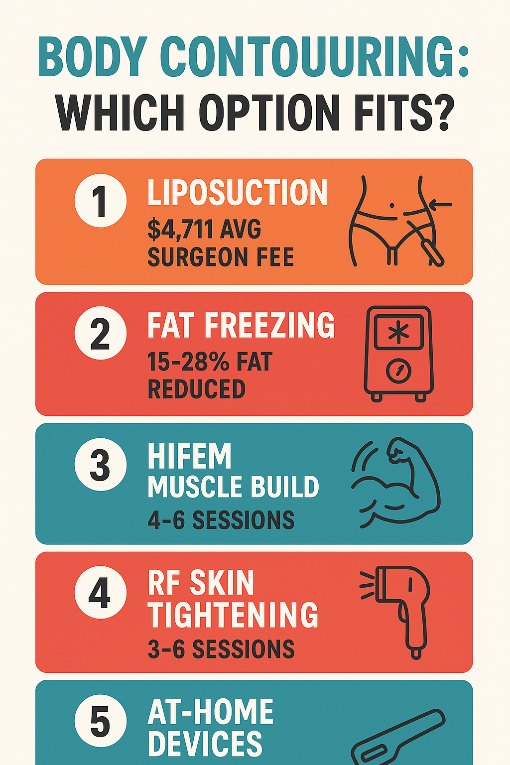 Infographic comparing body contouring treatments by cost, fat reduction, and session count