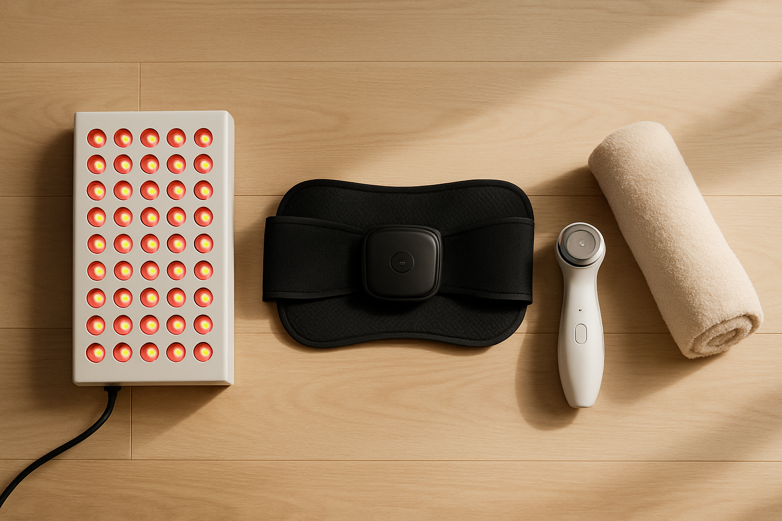 At-home body contouring devices including a red light panel and EMS belt